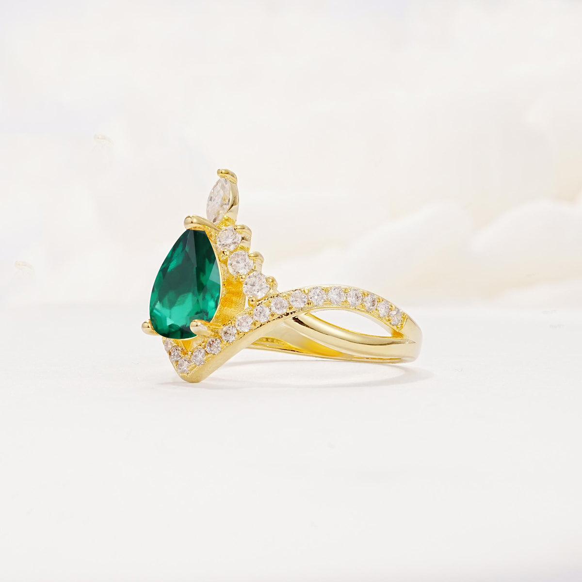 Pear Cut Emerald Crown Engagement Ring with Chevron Band - Additional view