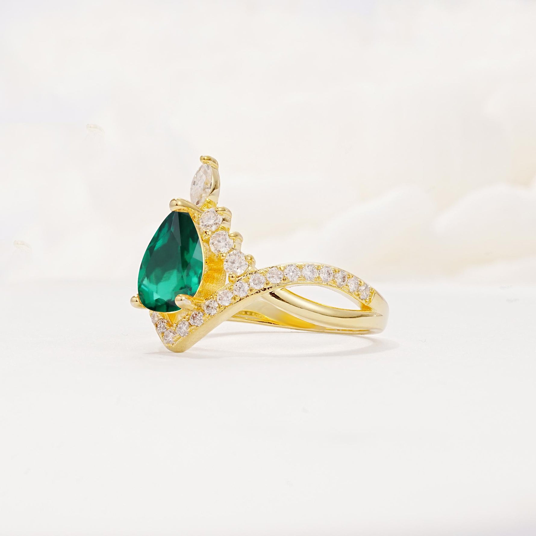 Pear Cut Emerald Crown Engagement Ring with Chevron Band - Additional view