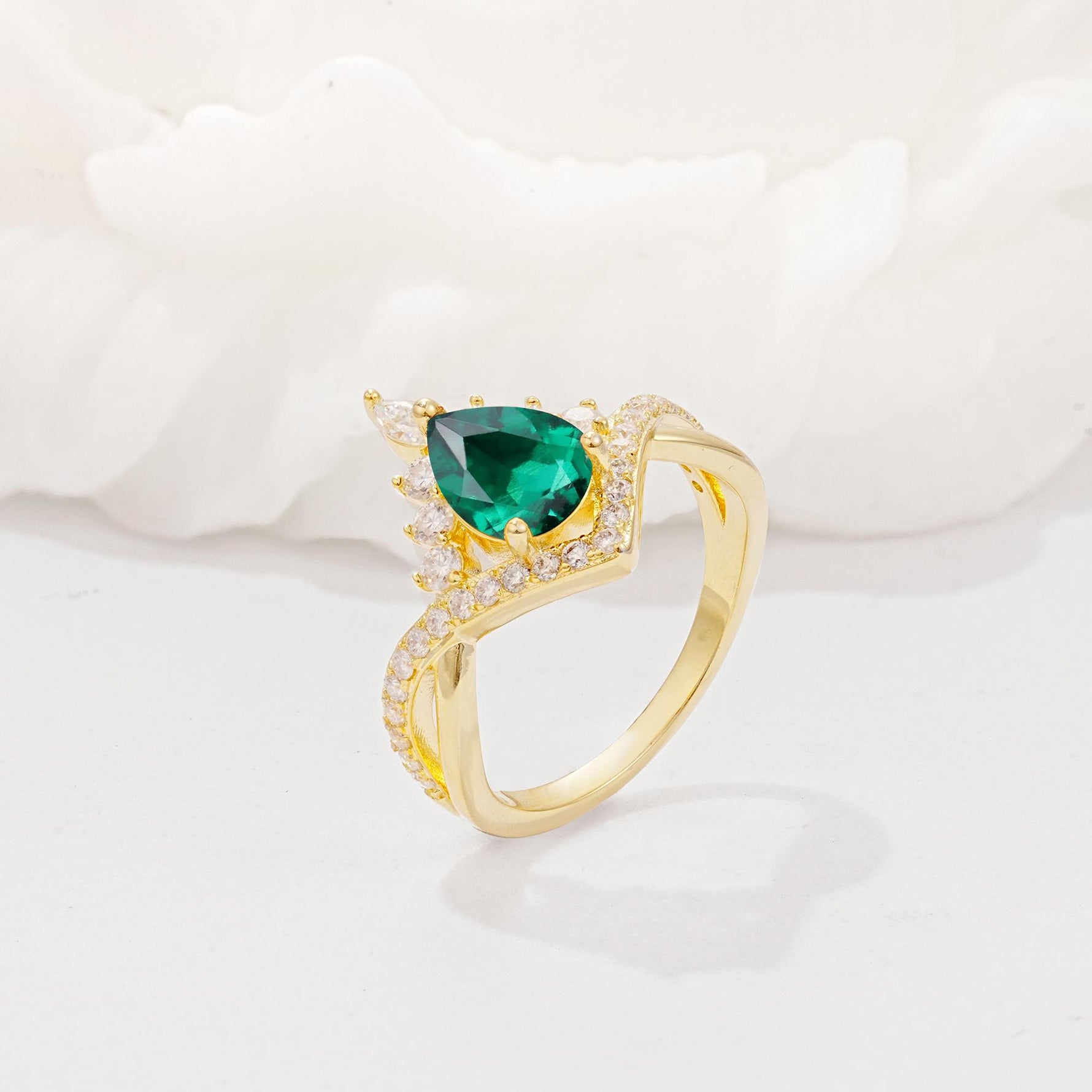 Pear Cut Emerald Crown Engagement Ring with Chevron Band - Additional view