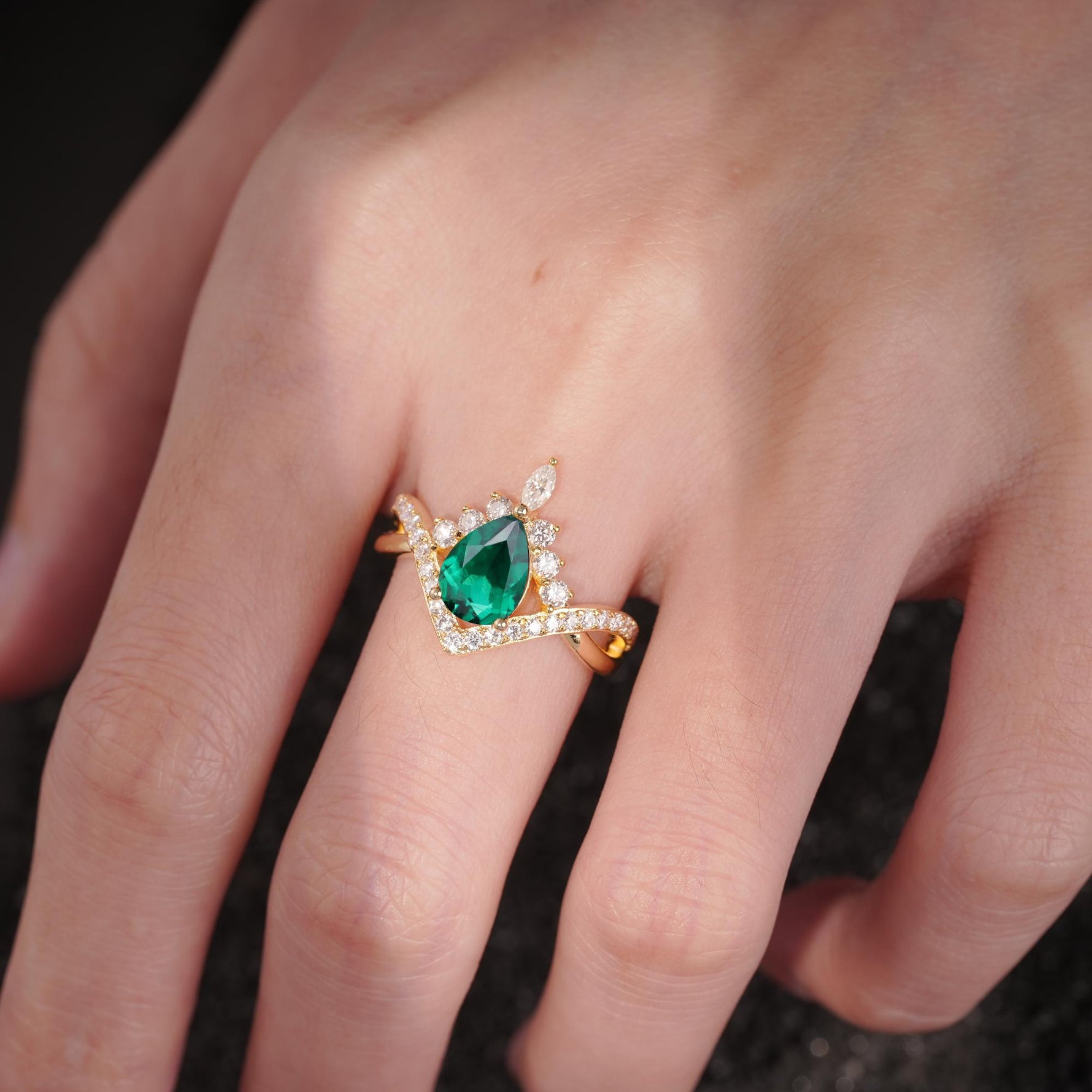 Pear Cut Emerald Crown Engagement Ring with Chevron Band - Additional view