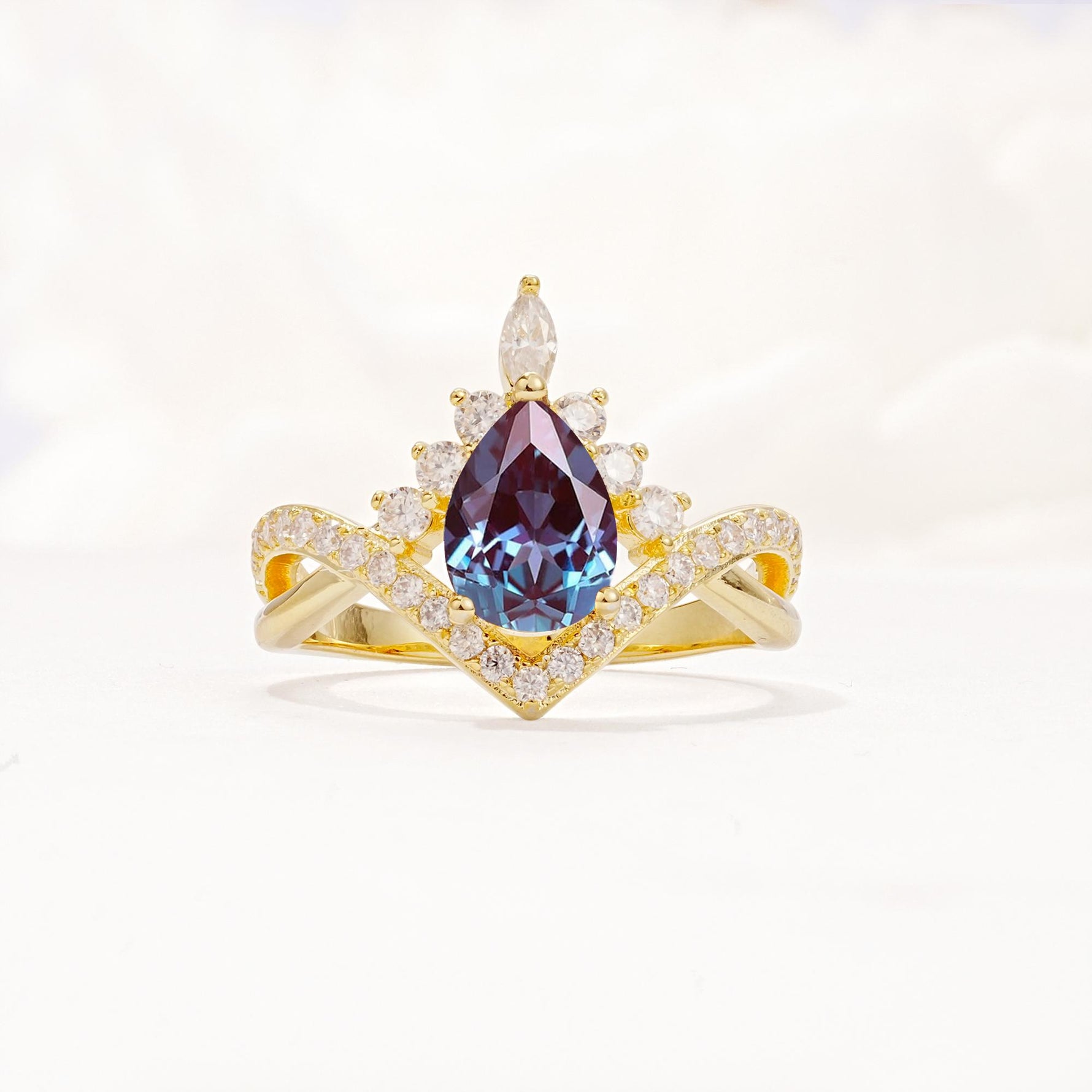 Pear Cut Alexandrite Crown Engagement Ring with Chevron Band - Additional view