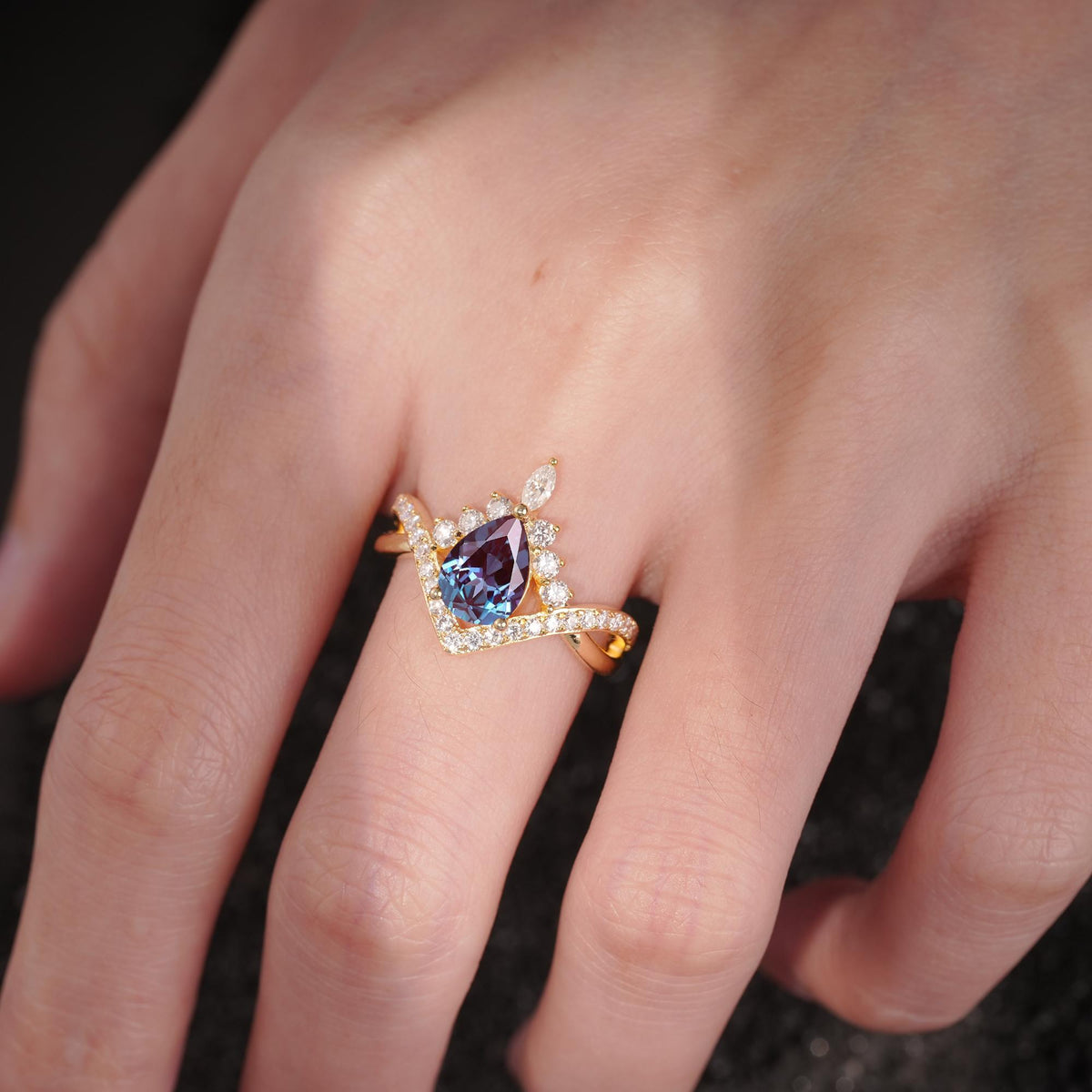 Pear Cut Alexandrite Crown Engagement Ring with Chevron Band - Additional view