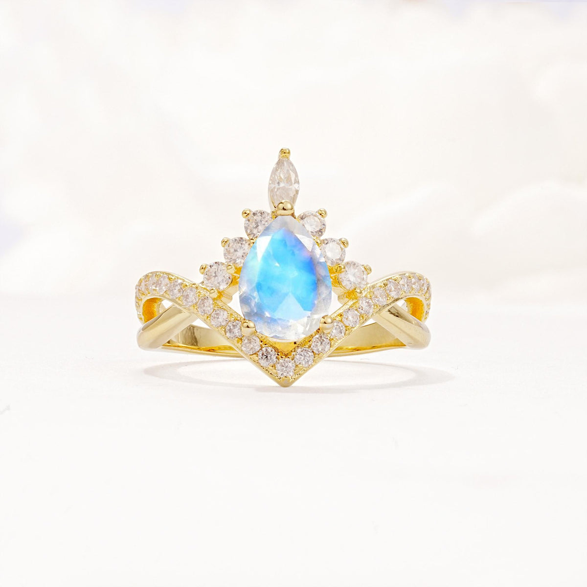 Pear Cut Moonstone Crown Engagement Ring with Chevron Band - Additional view