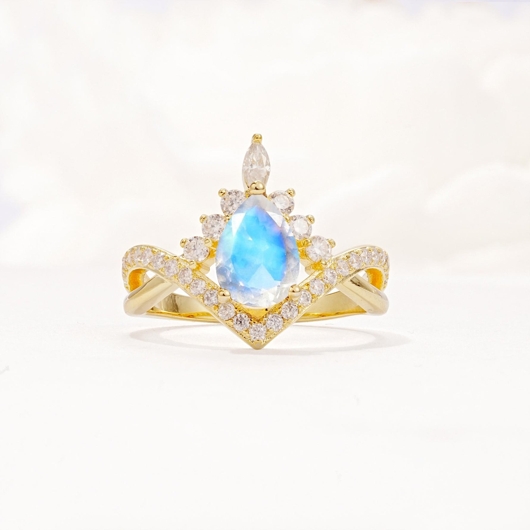 Pear Cut Moonstone Crown Engagement Ring with Chevron Band - Additional view