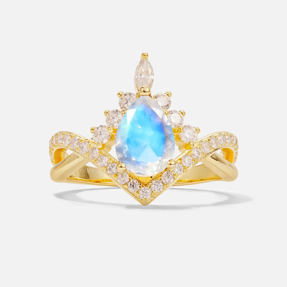 Pear Cut Moonstone Crown Engagement Ring with Chevron Band