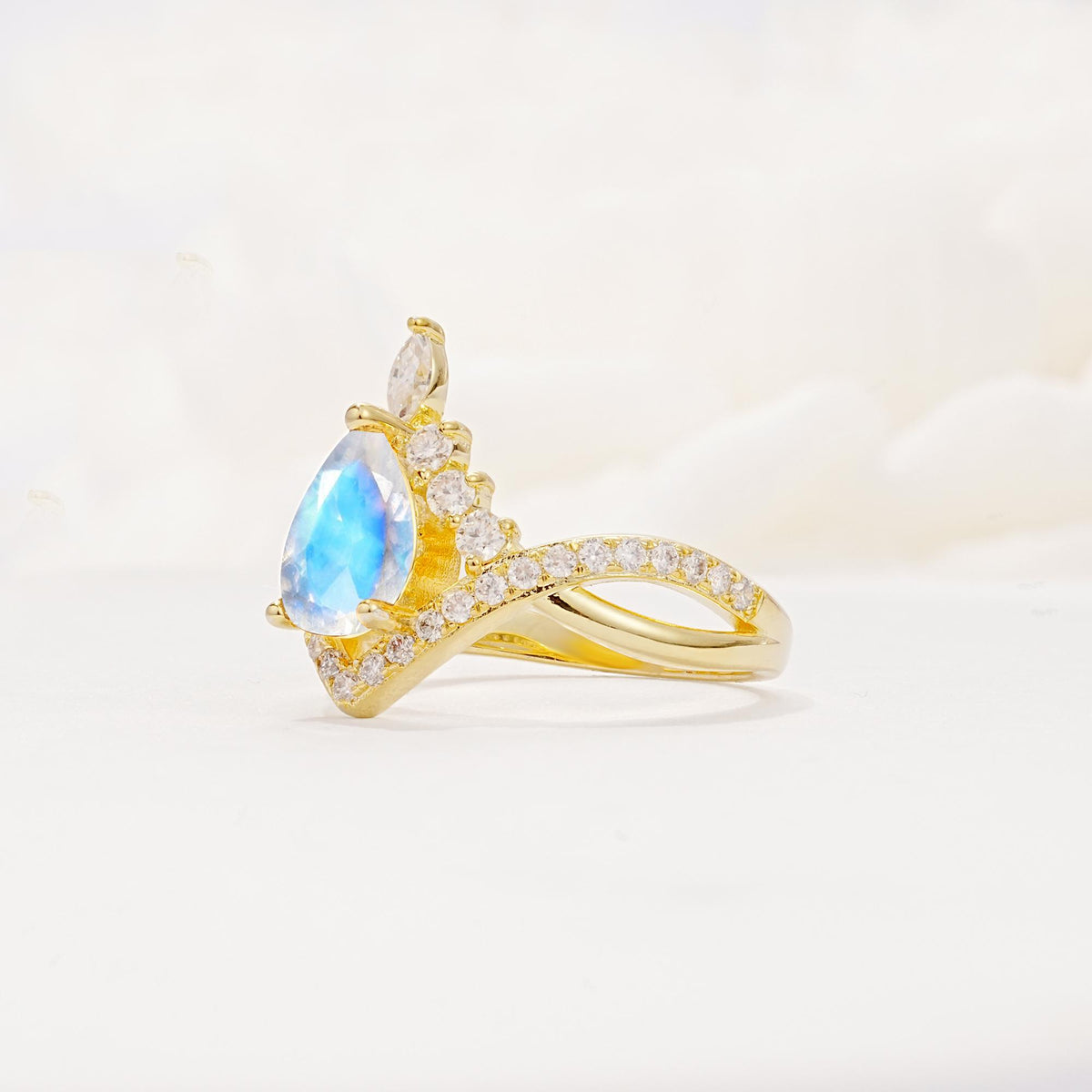 Pear Cut Moonstone Crown Engagement Ring with Chevron Band - Additional view