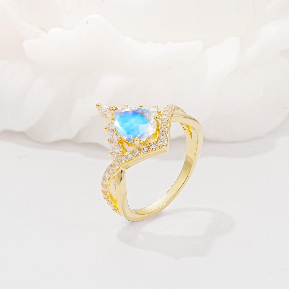 Pear Cut Moonstone Crown Engagement Ring with Chevron Band - Additional view