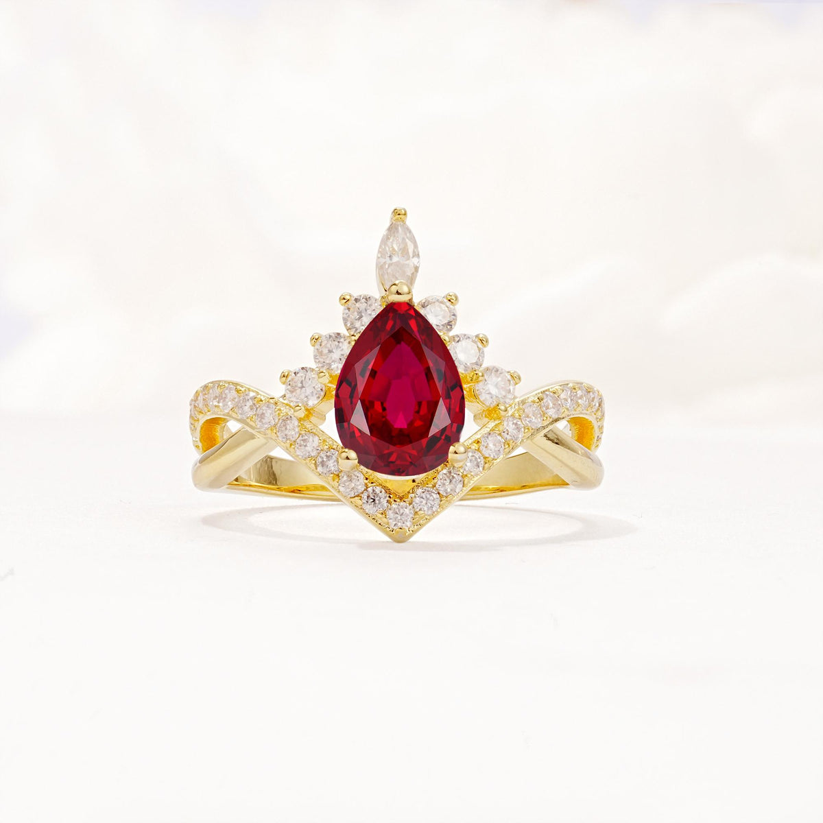 Pear Cut Ruby Crown Engagement Ring with Chevron Band - Additional view
