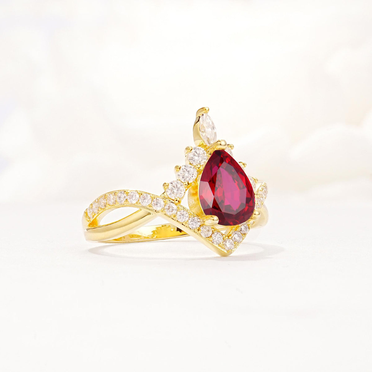 Pear Cut Ruby Crown Engagement Ring with Chevron Band - Additional view