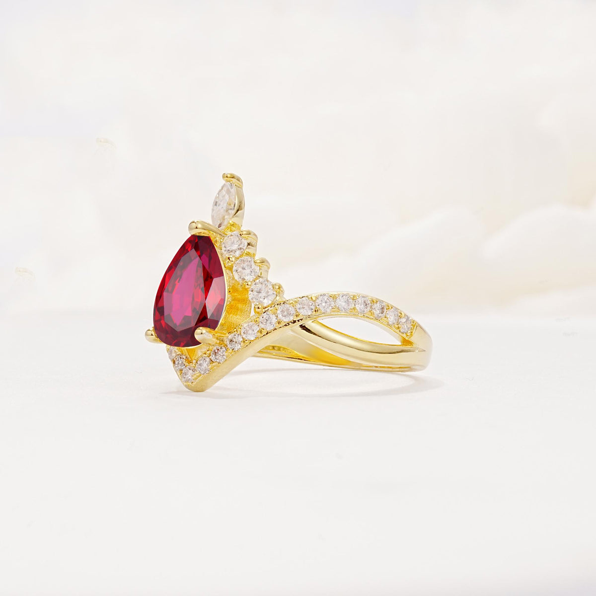 Pear Cut Ruby Crown Engagement Ring with Chevron Band - Additional view