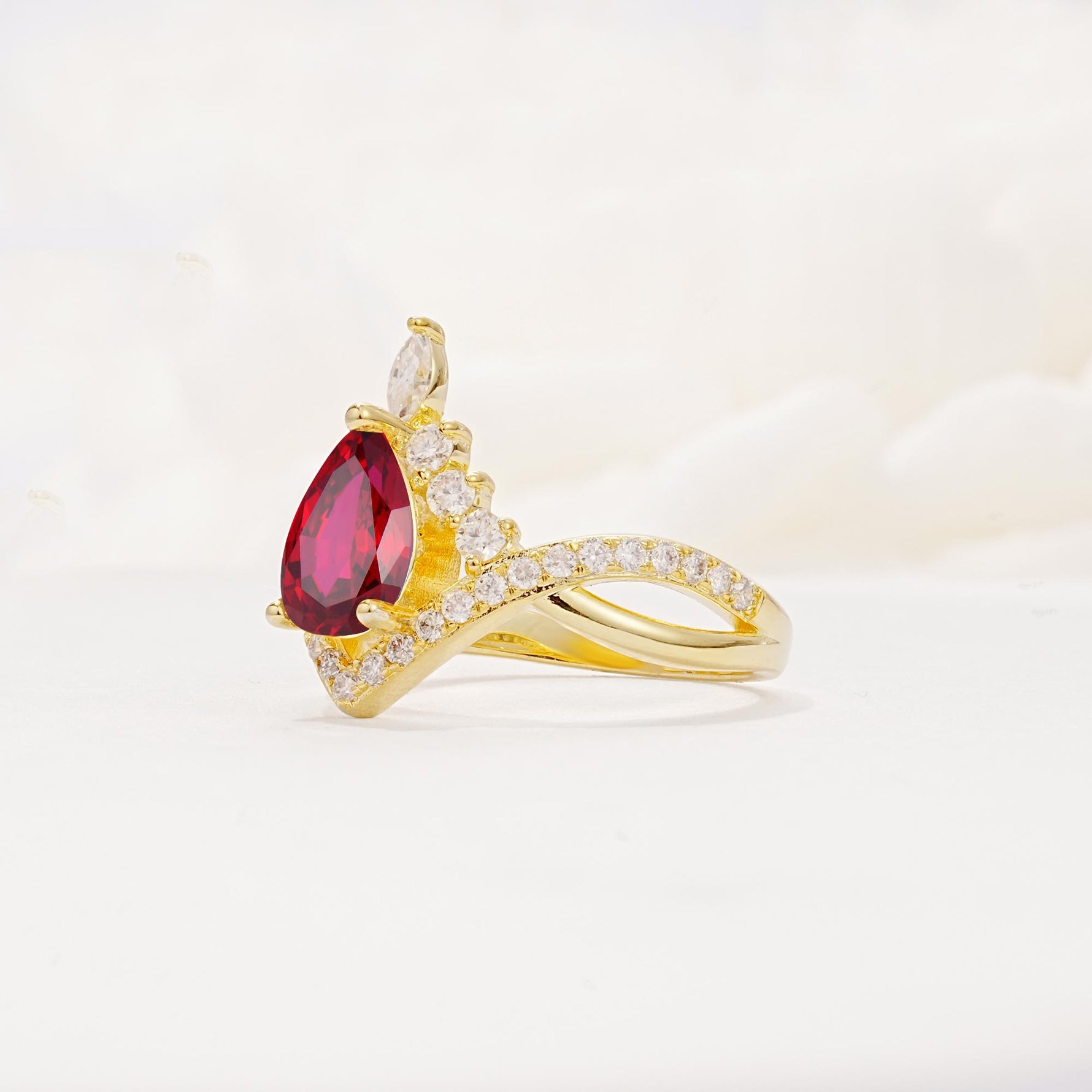Pear Cut Ruby Crown Engagement Ring with Chevron Band - Additional view