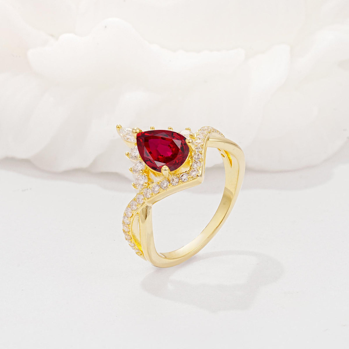 Pear Cut Ruby Crown Engagement Ring with Chevron Band - Additional view