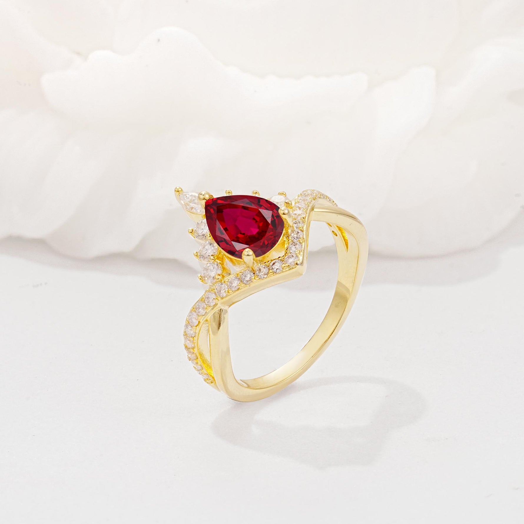 Pear Cut Ruby Crown Engagement Ring with Chevron Band - Additional view