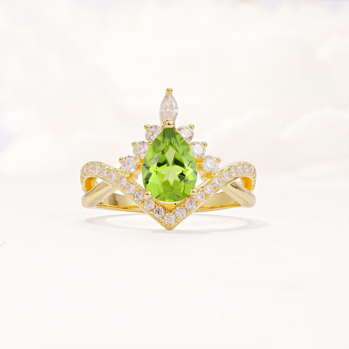 Pear Cut Peridot Crown Engagement Ring with Chevron Band - Additional view