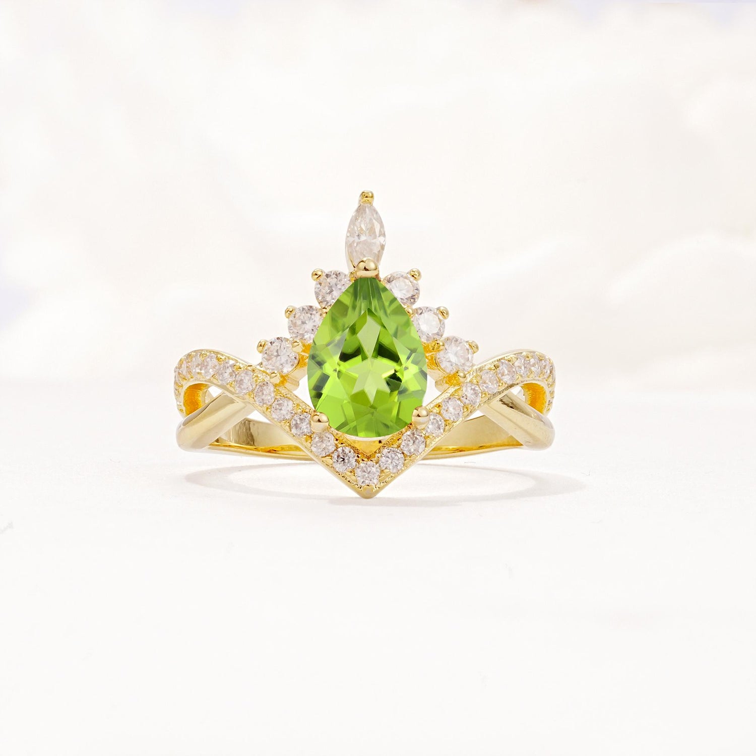Pear Cut Peridot Crown Engagement Ring with Chevron Band - Additional view