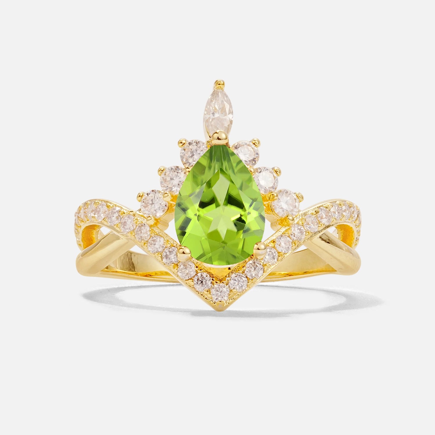 Pear Cut Peridot Crown Engagement Ring with Chevron Band