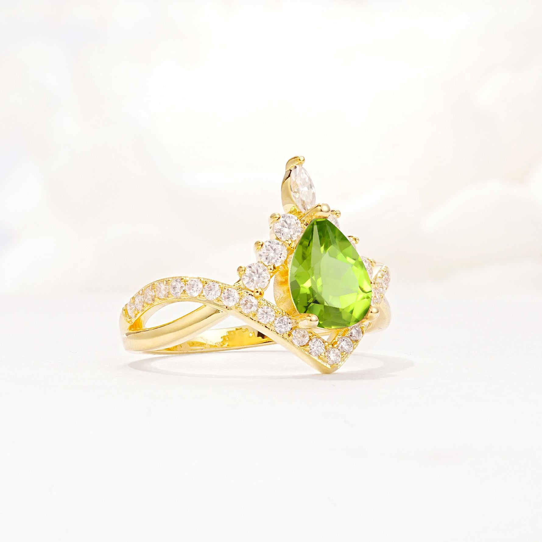 Pear Cut Peridot Crown Engagement Ring with Chevron Band - Additional view