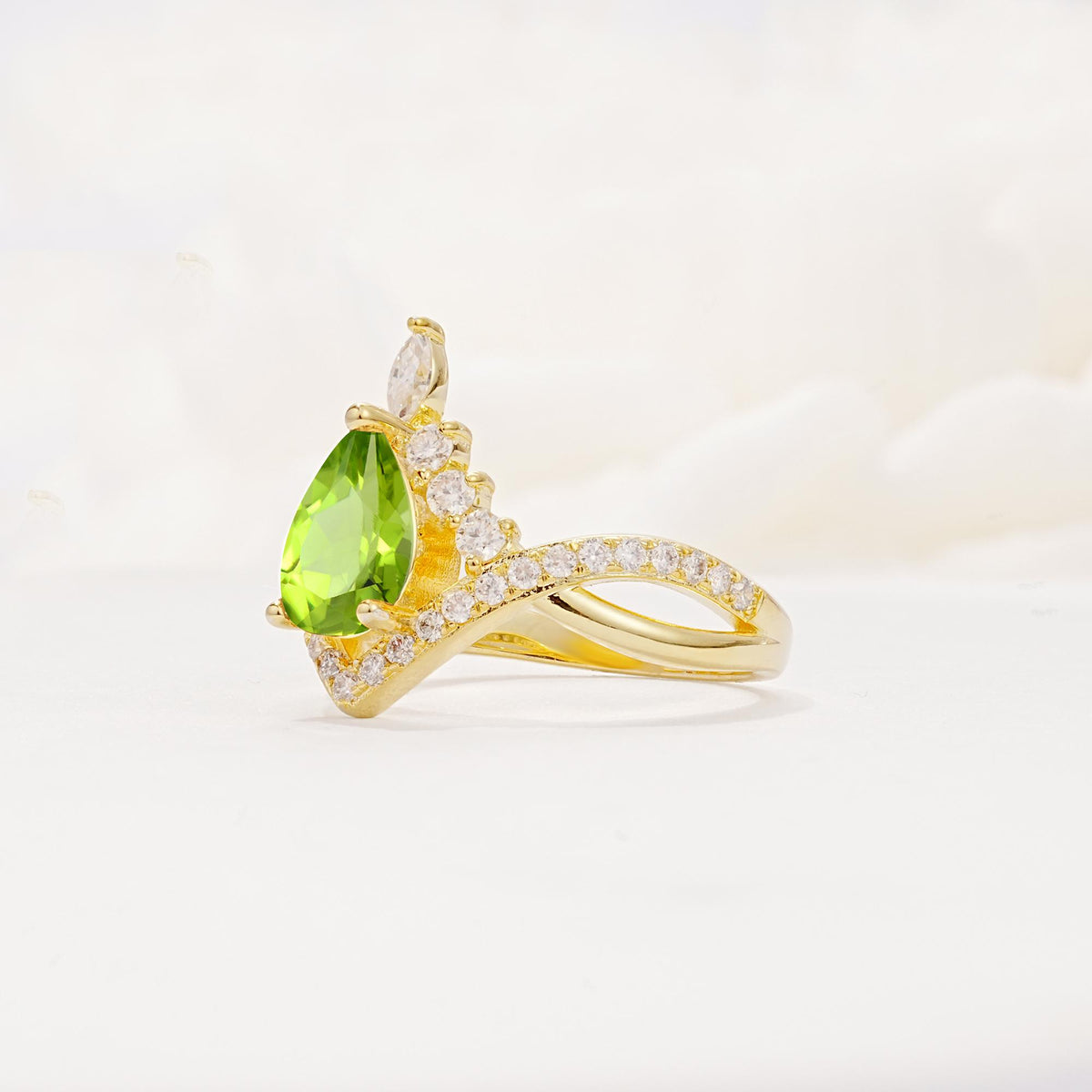 Pear Cut Peridot Crown Engagement Ring with Chevron Band - Additional view