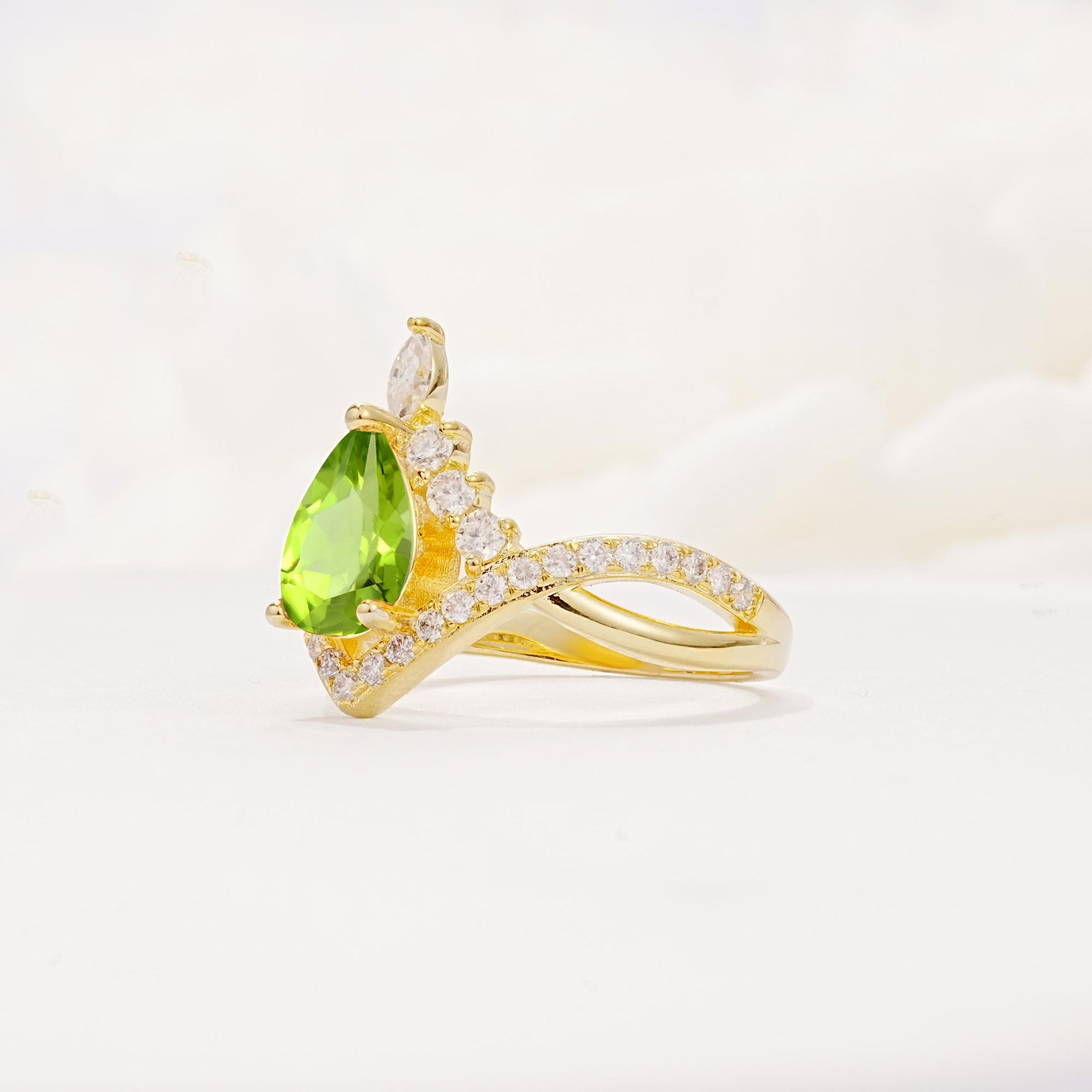 Pear Cut Peridot Crown Engagement Ring with Chevron Band - Additional view