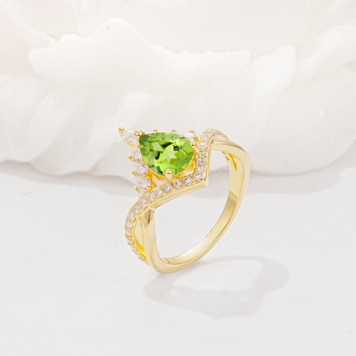 Pear Cut Peridot Crown Engagement Ring with Chevron Band - Additional view