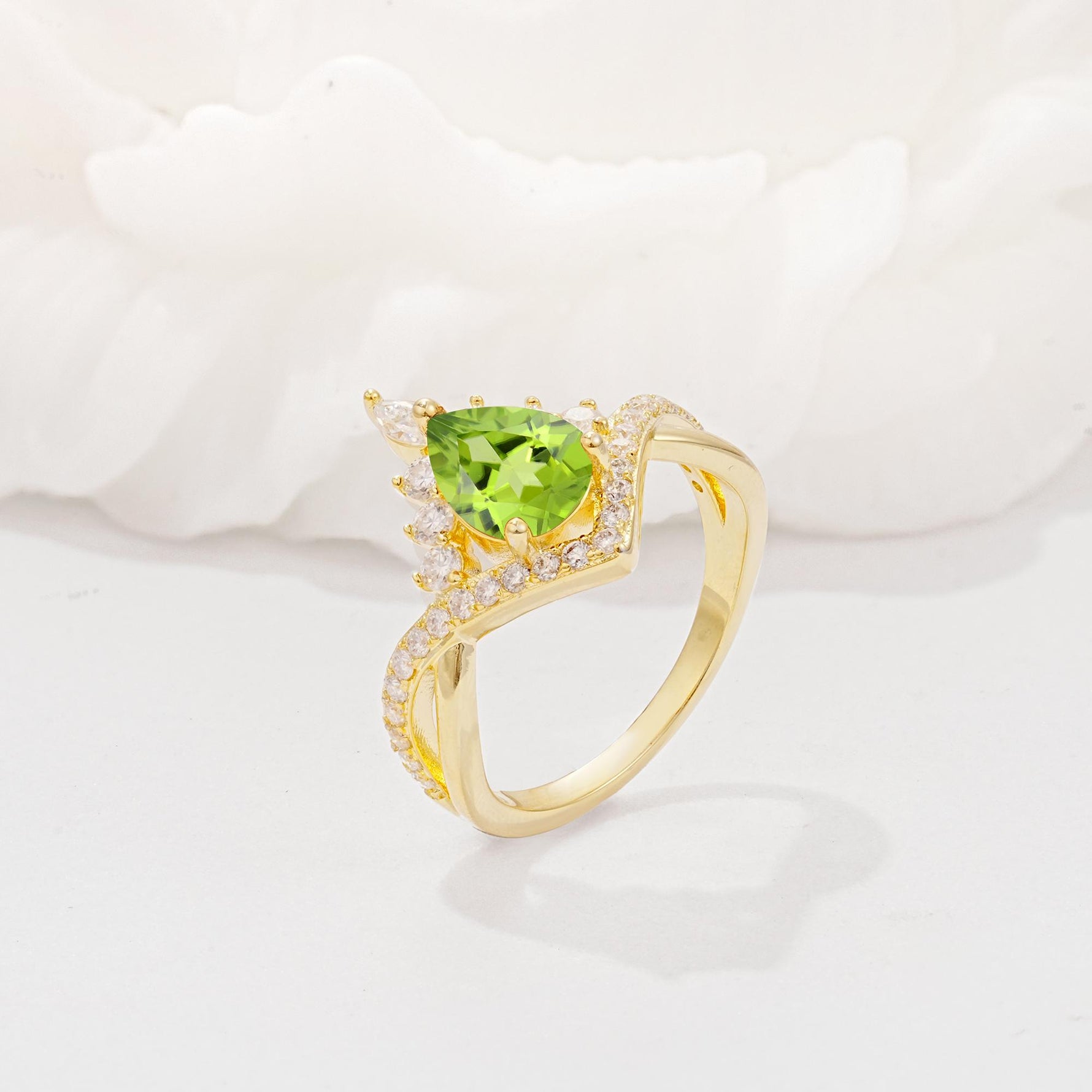 Pear Cut Peridot Crown Engagement Ring with Chevron Band - Additional view