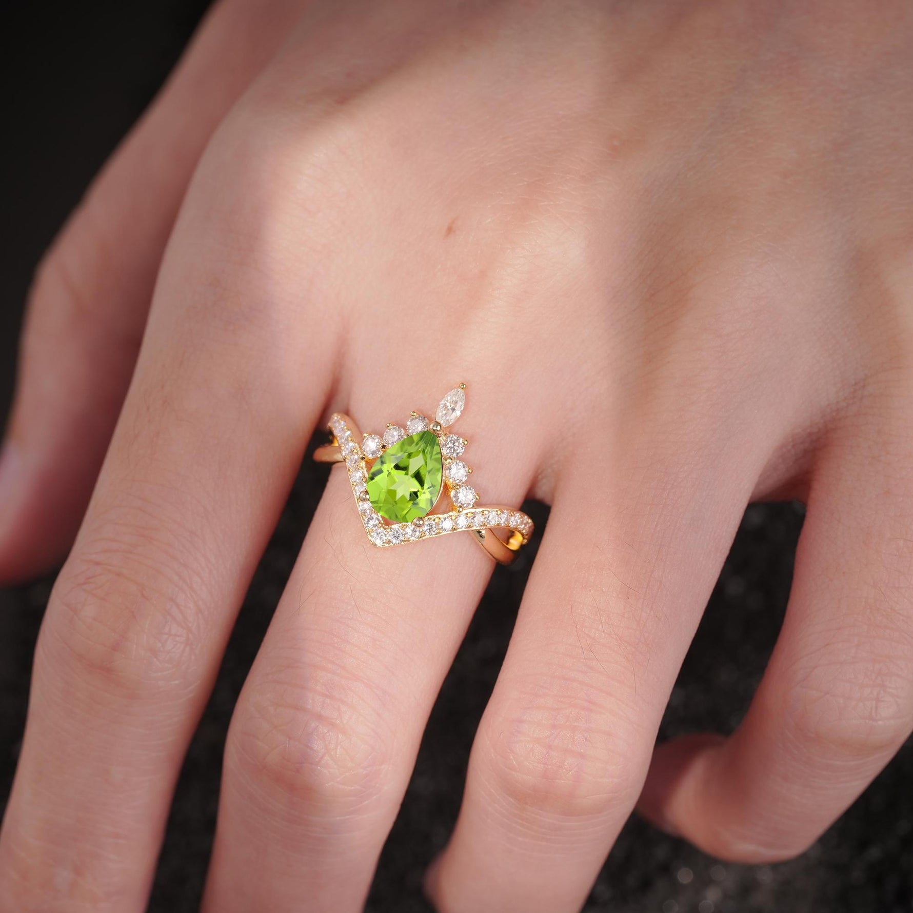 Pear Cut Peridot Crown Engagement Ring with Chevron Band - Additional view
