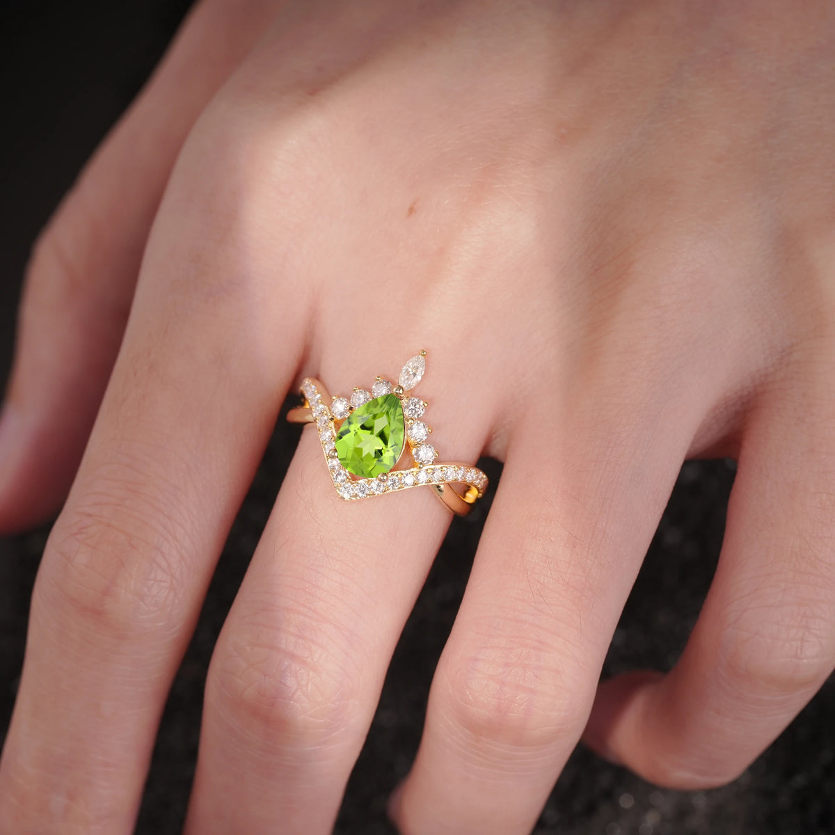 Pear Cut Peridot Crown Engagement Ring with Chevron Band
