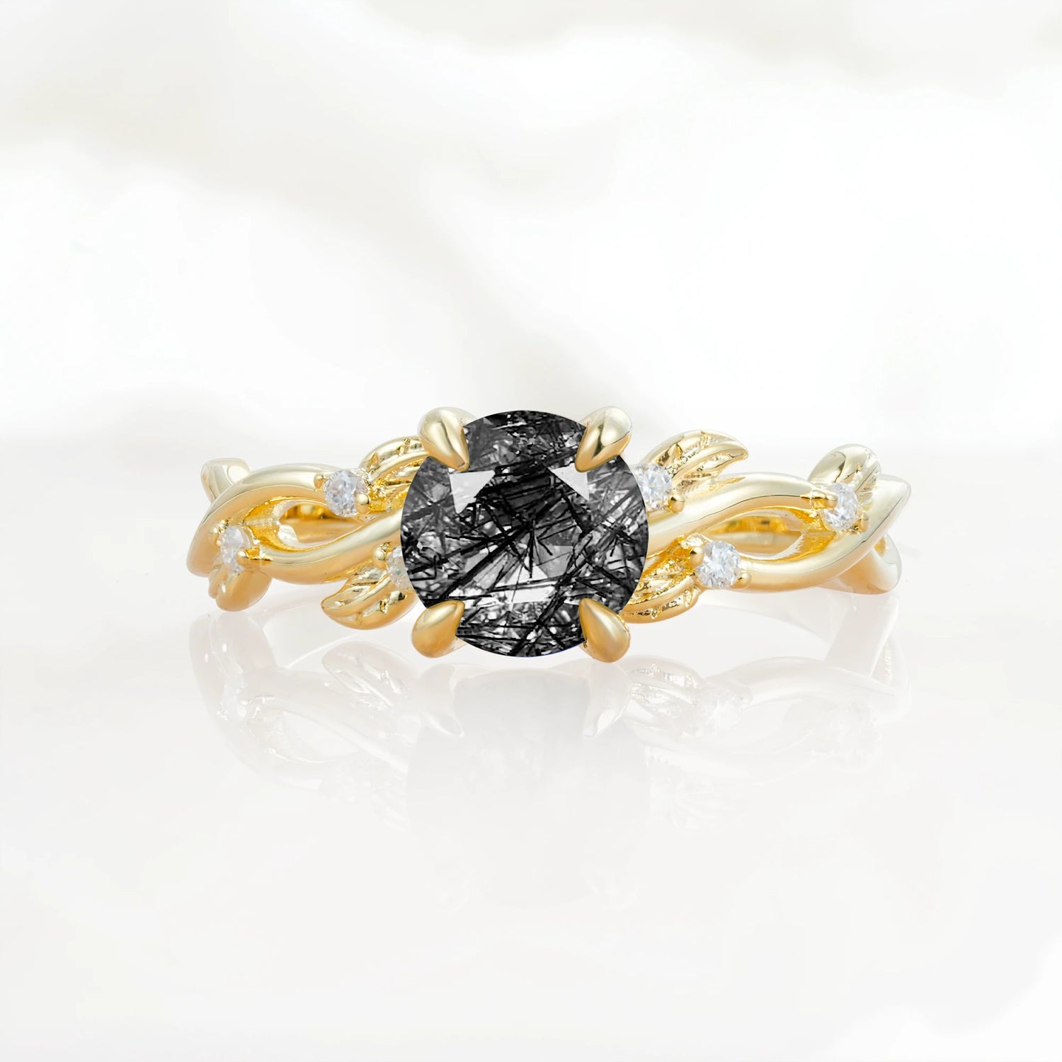 Nature Inspired Round-Shaped Black Rutilated Quartz Engagement Ring