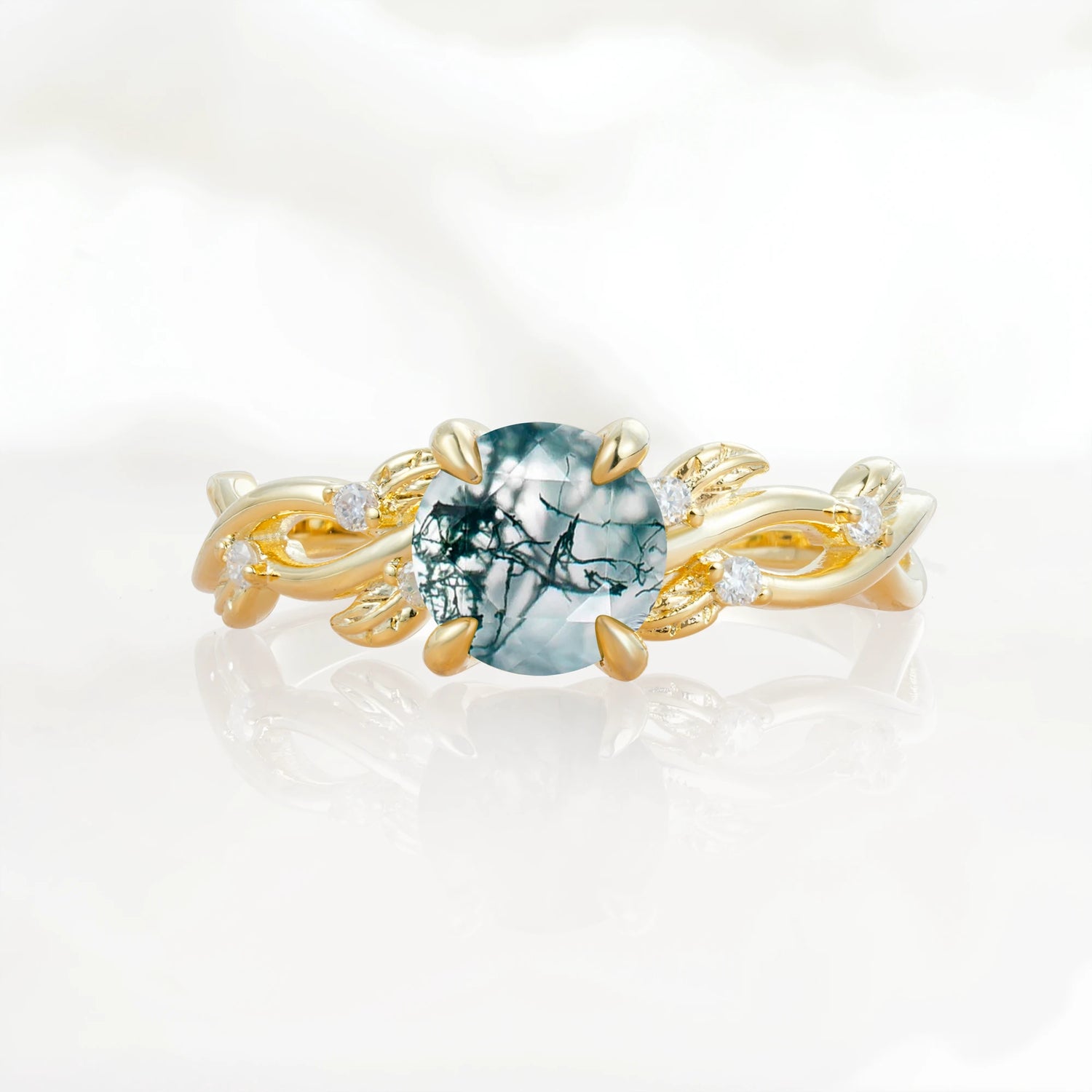 Nature Inspired Round-Shaped Moss Agate Engagement Ring