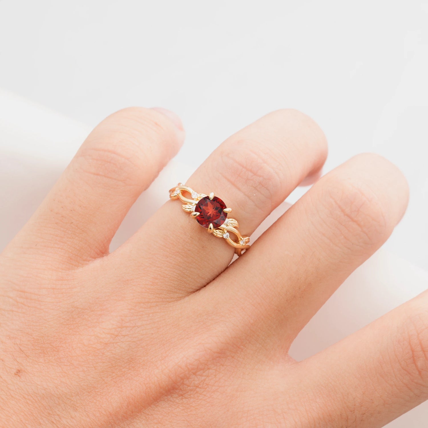 Nature Inspired Round-Shaped Garnet Engagement Ring