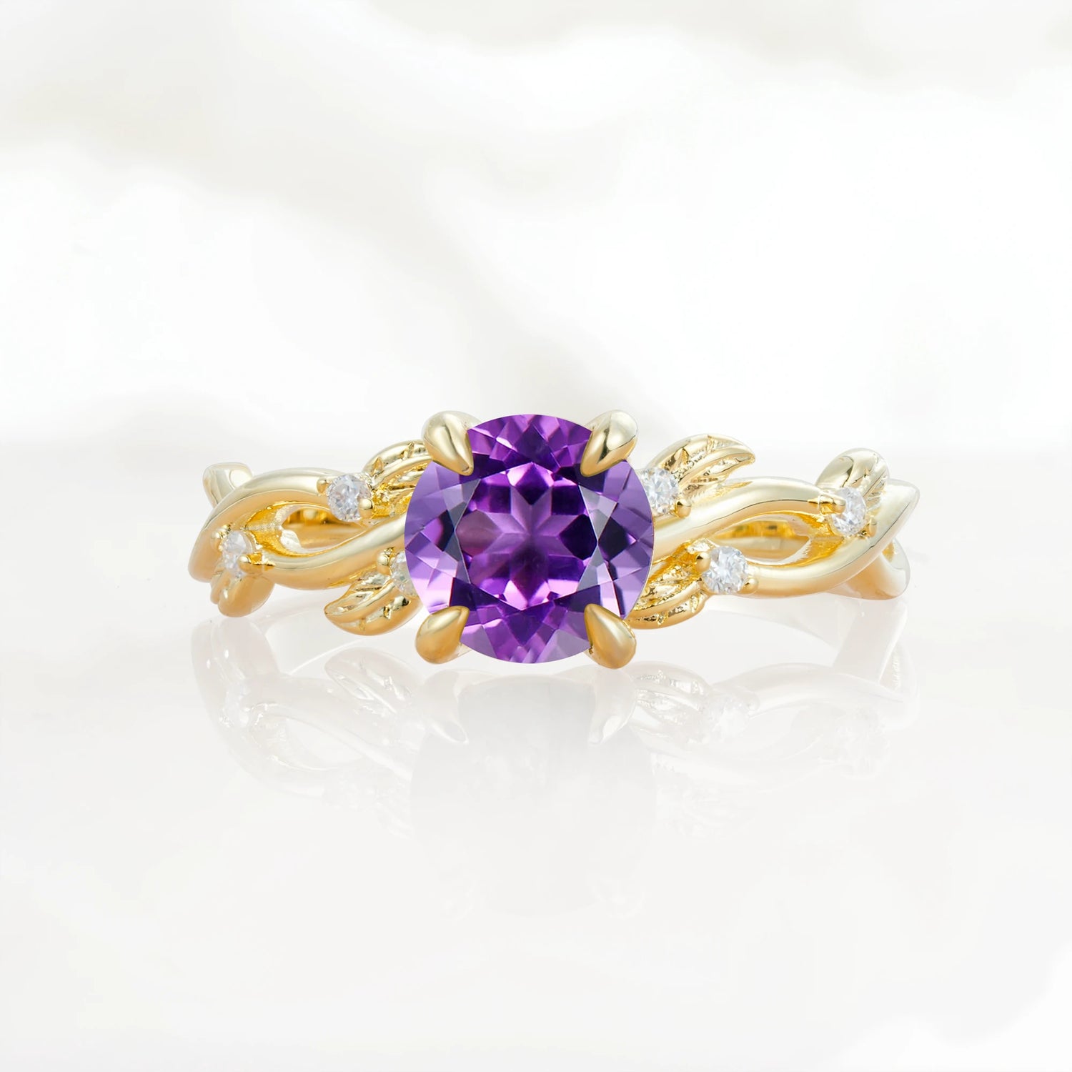 Nature Inspired Round-Shaped Amethyst Engagement Ring