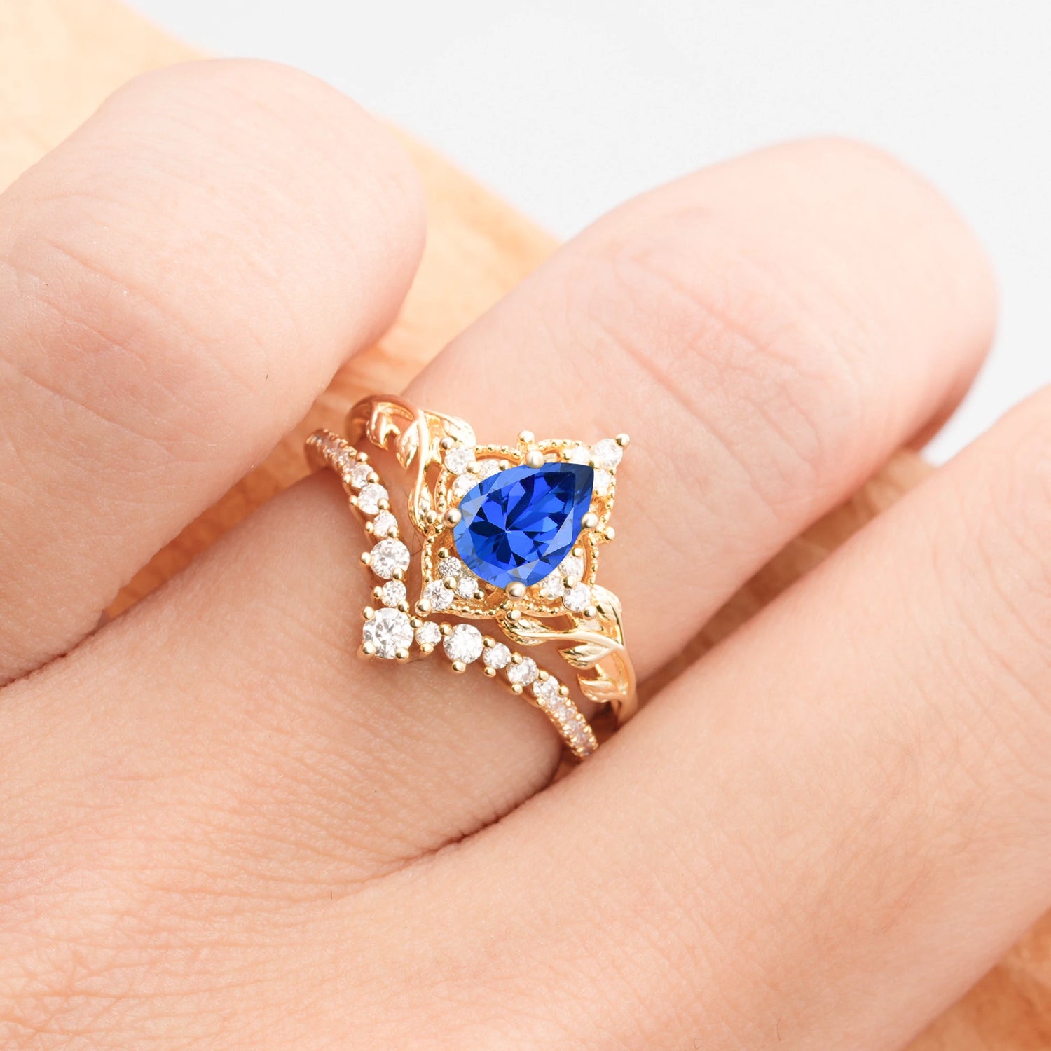 Nature Inspired  Pear Cut Sapphire Bridal Ring Set
