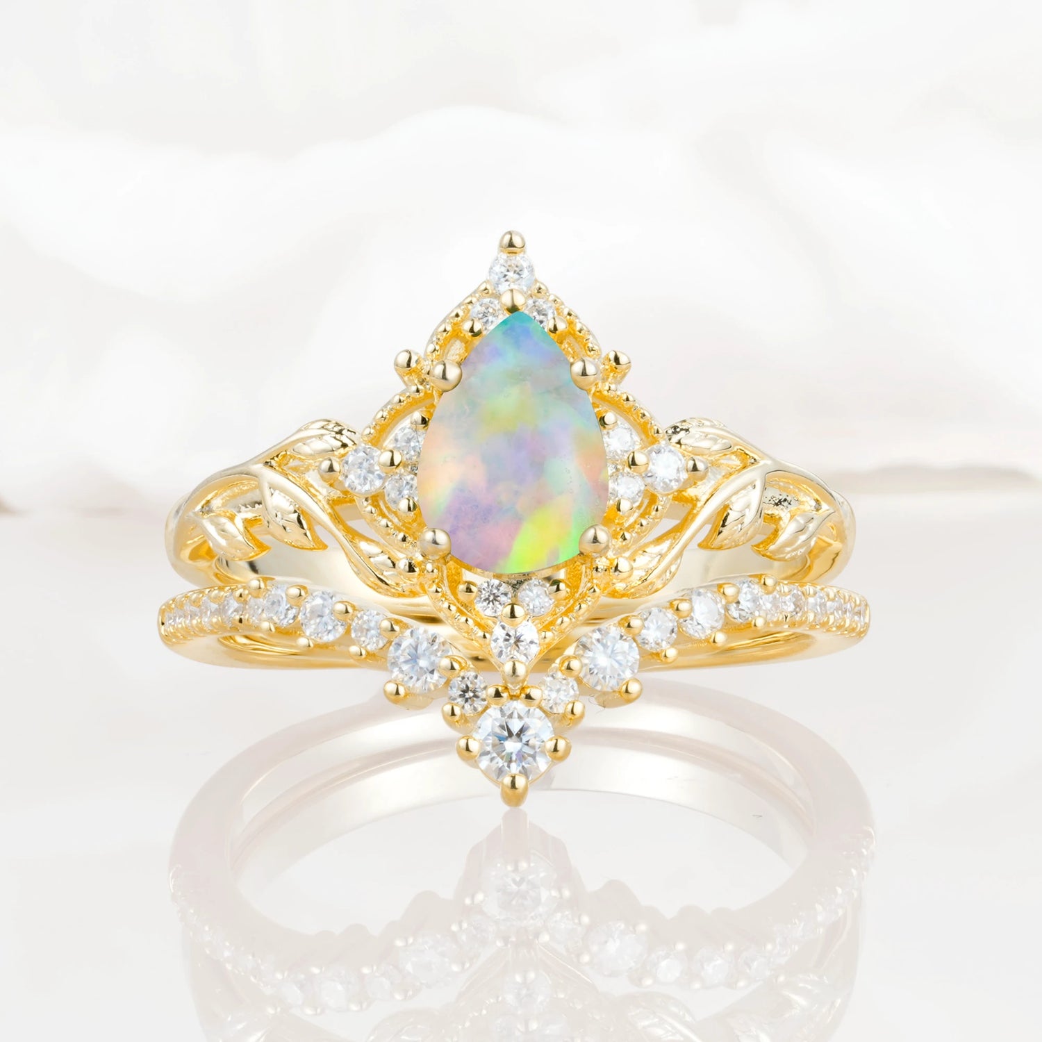 Nature Inspired  Pear Cut Opal Bridal Ring Set