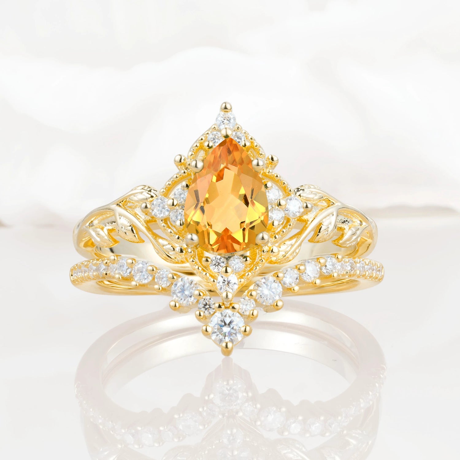 Nature Inspired  Pear Cut Citrine Bridal Ring Set