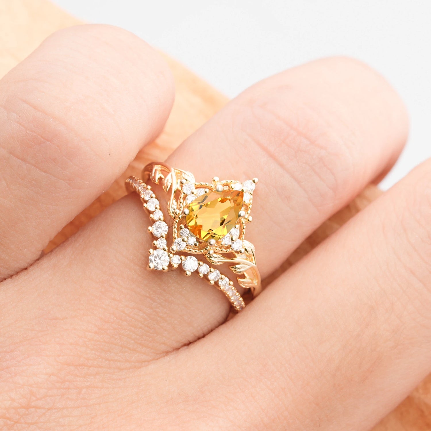 Nature Inspired  Pear Cut Citrine Bridal Ring Set