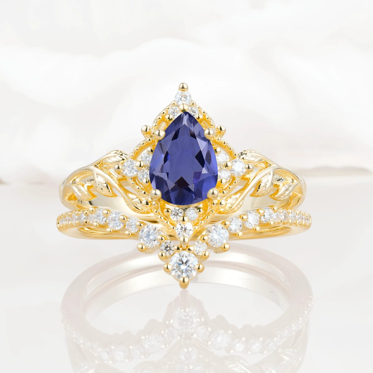 Nature Inspired  Pear Cut Tanzanite Bridal Ring Set