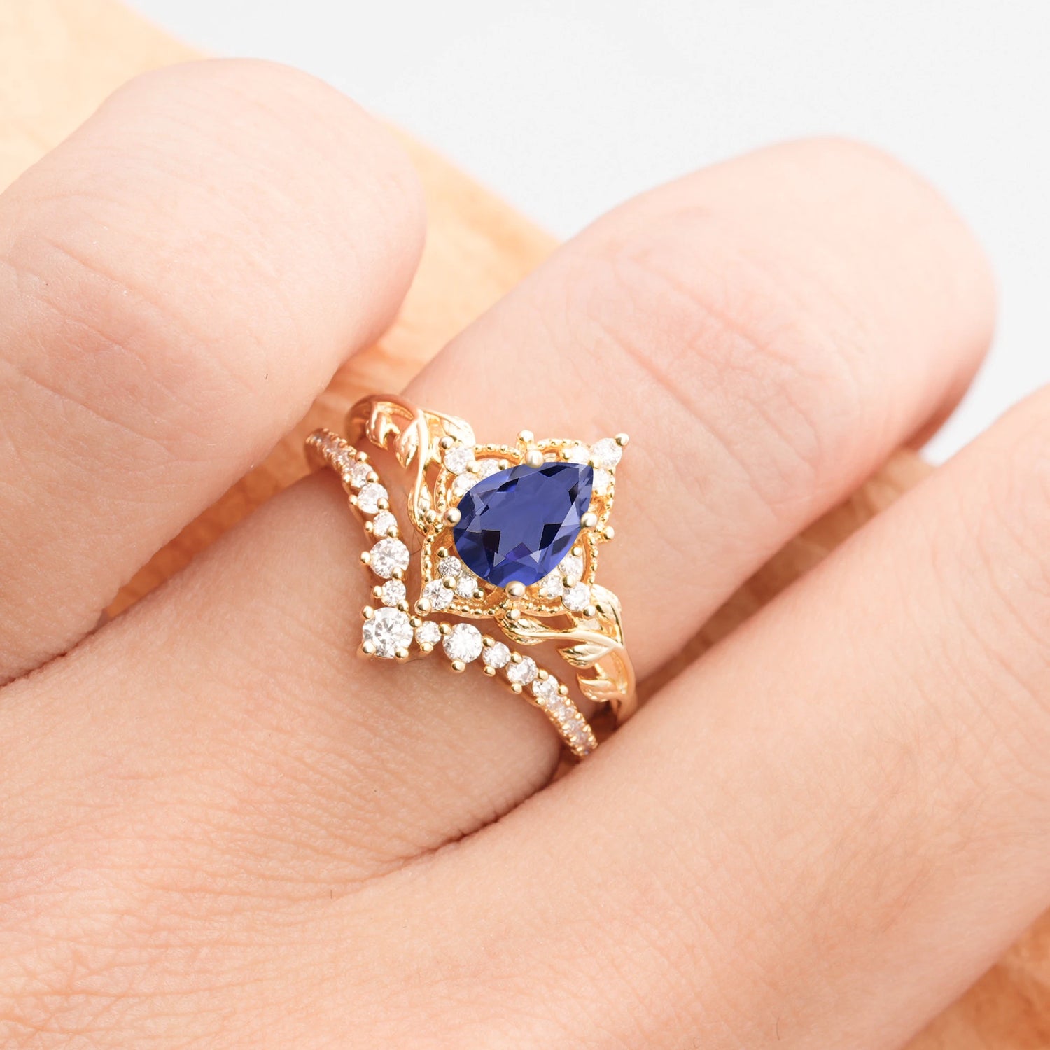 Nature Inspired  Pear Cut Tanzanite Bridal Ring Set