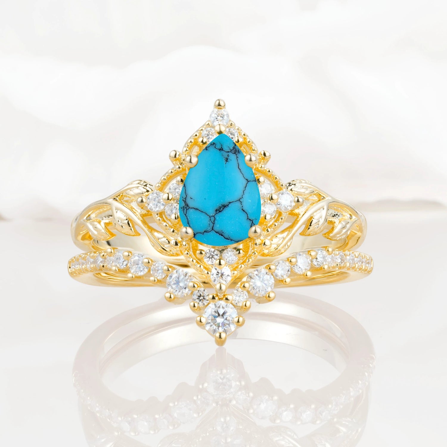 Nature Inspired  Pear Cut Turquoise Bridal Ring Set