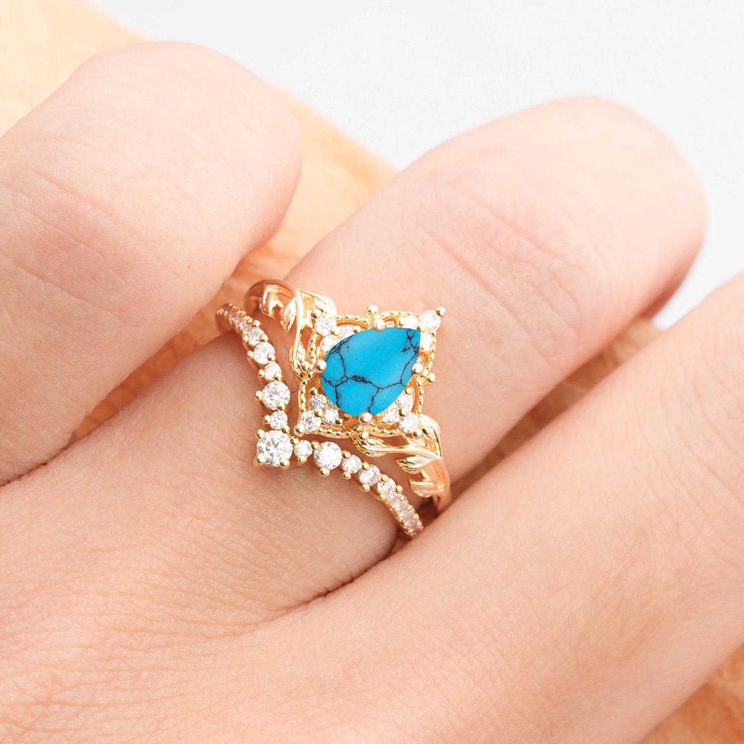 Nature Inspired  Pear Cut Turquoise Bridal Ring Set