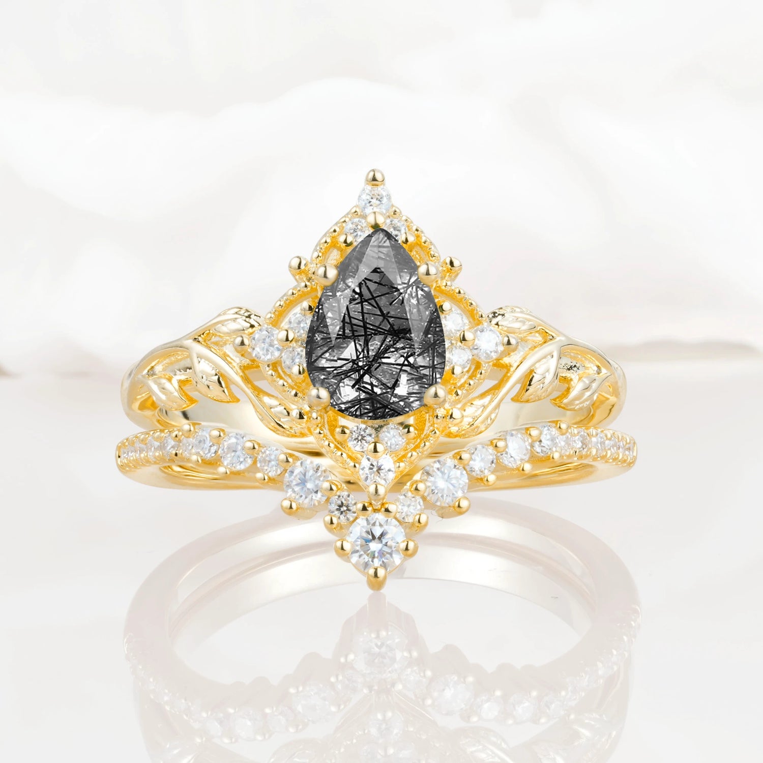 Nature Inspired  Pear Cut Black Rutilated Quartz Bridal Ring Set