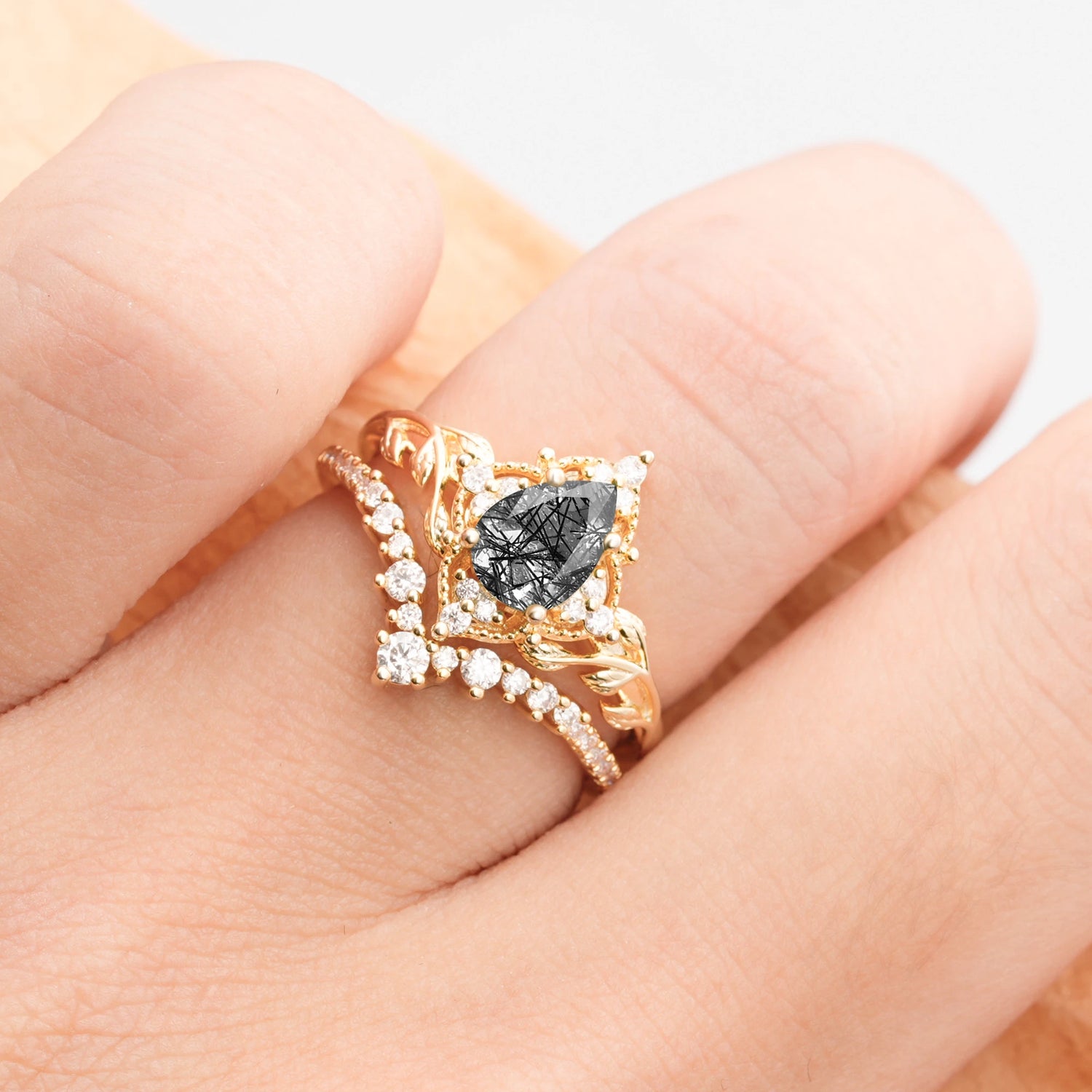 Nature Inspired  Pear Cut Black Rutilated Quartz Bridal Ring Set