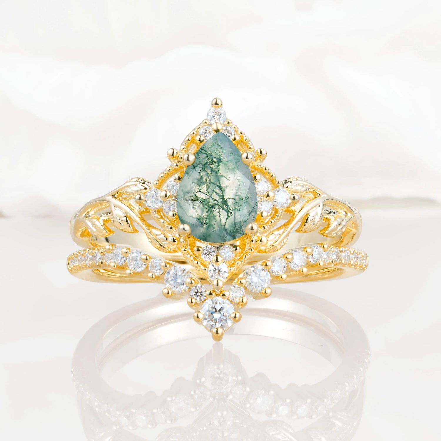 Nature Inspired  Pear Cut Moss Agate Bridal Ring Set