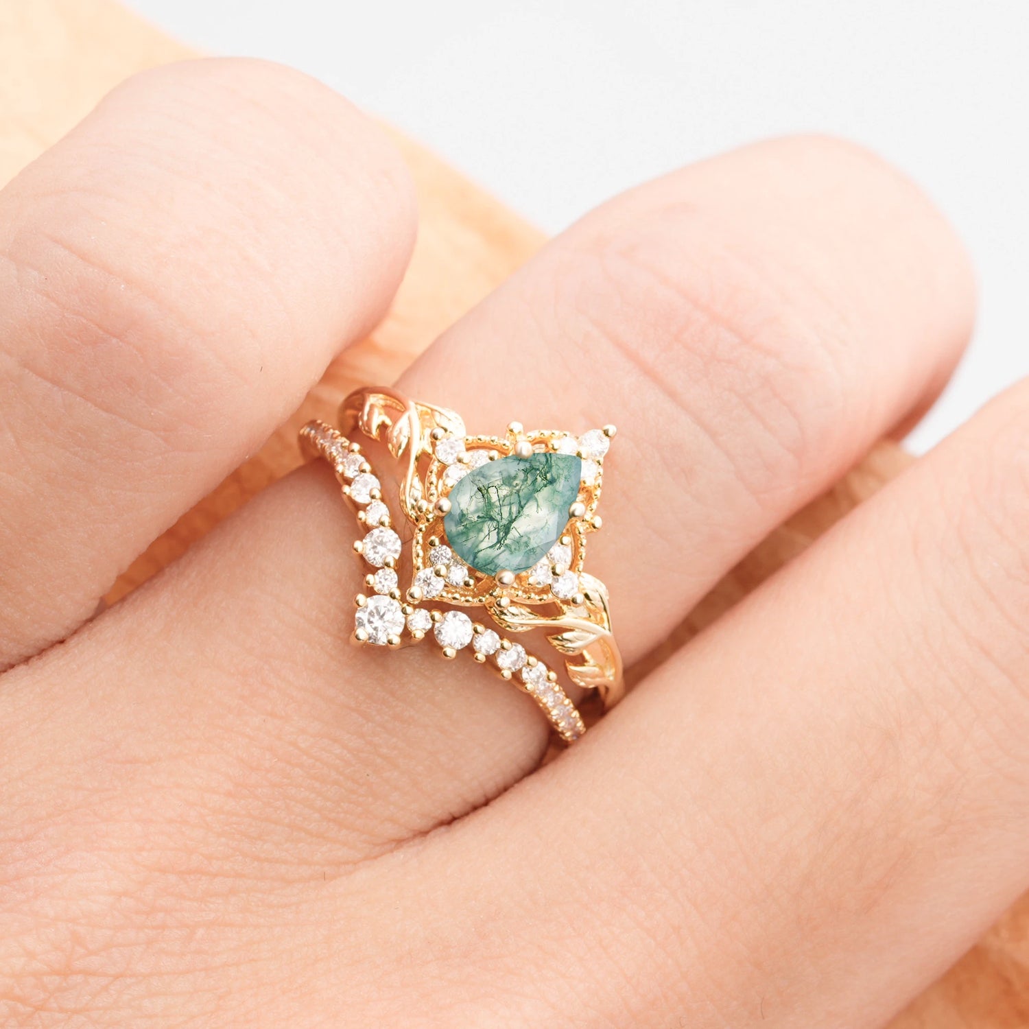 Nature Inspired  Pear Cut Moss Agate Bridal Ring Set