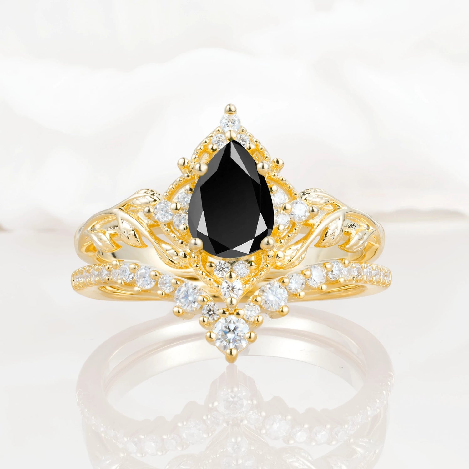 Nature Inspired  Pear Cut Black Onyx Bridal Ring Set