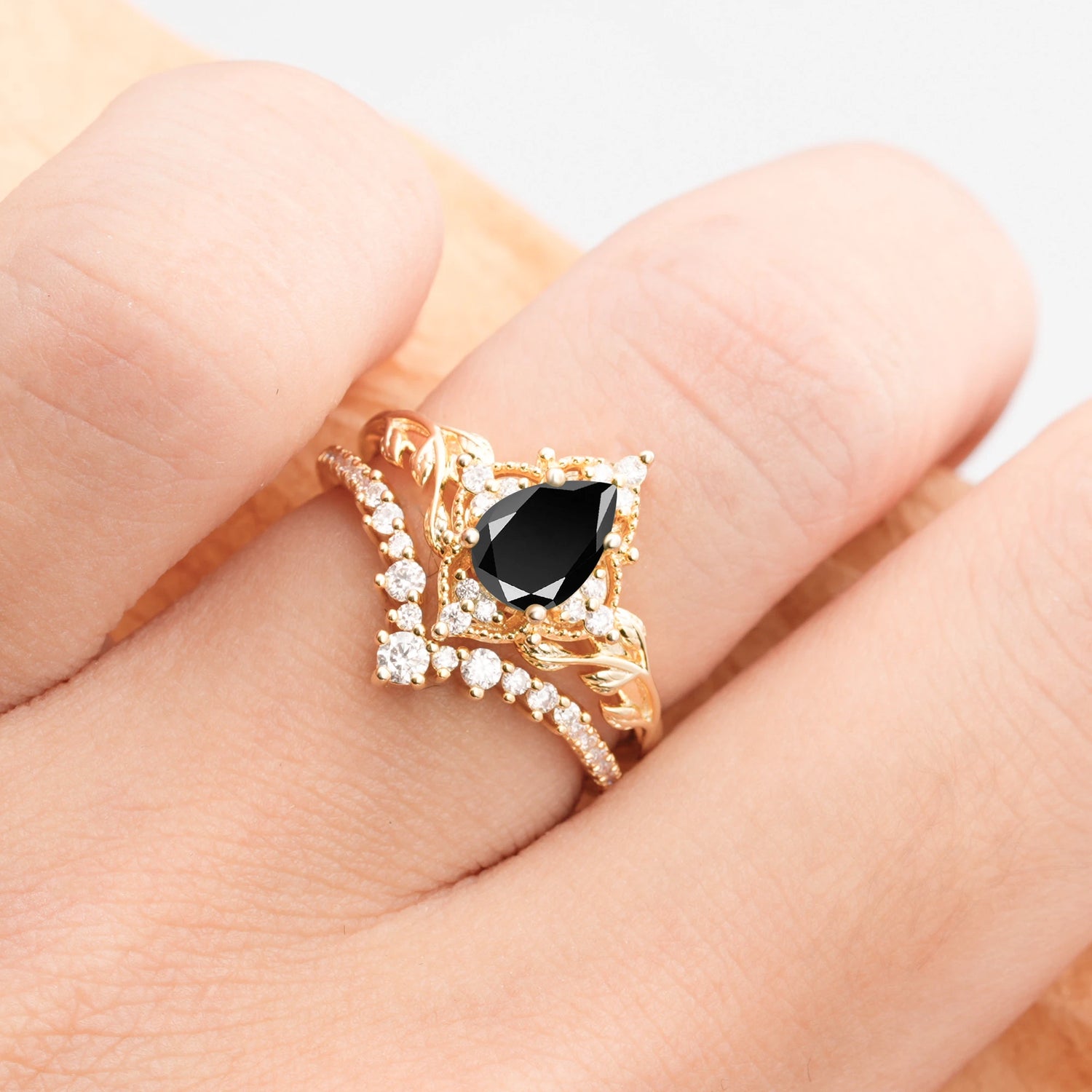 Nature Inspired  Pear Cut Black Onyx Bridal Ring Set
