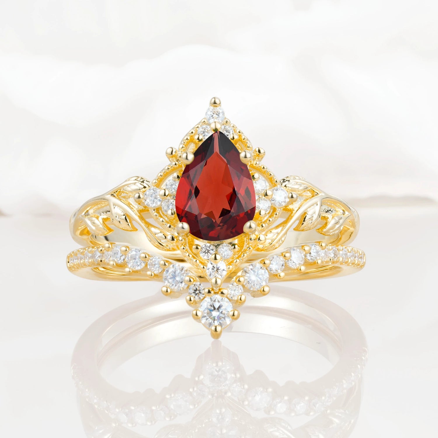 Nature Inspired  Pear Cut Garnet Bridal Ring Set