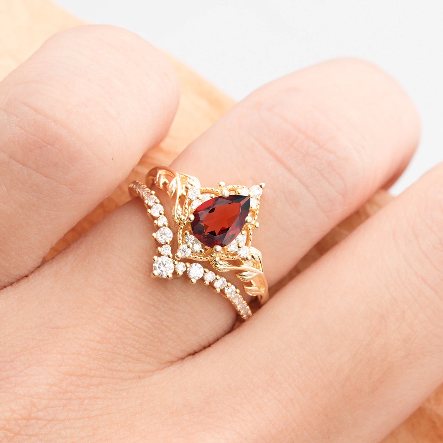 Nature Inspired  Pear Cut Garnet Bridal Ring Set