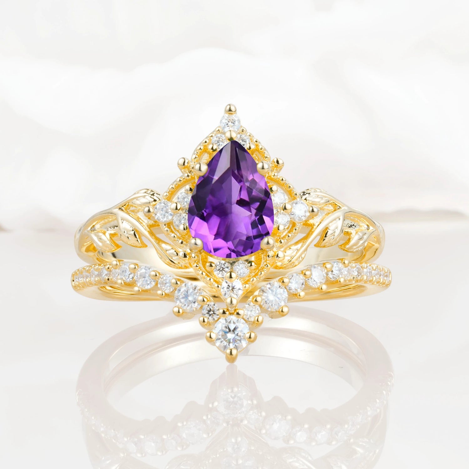 Nature Inspired  Pear Cut Amethyst Bridal Ring Set