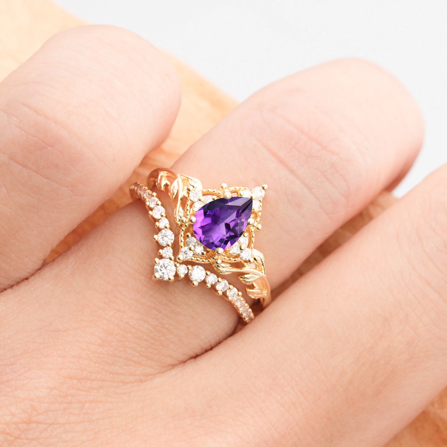 Nature Inspired  Pear Cut Amethyst Bridal Ring Set