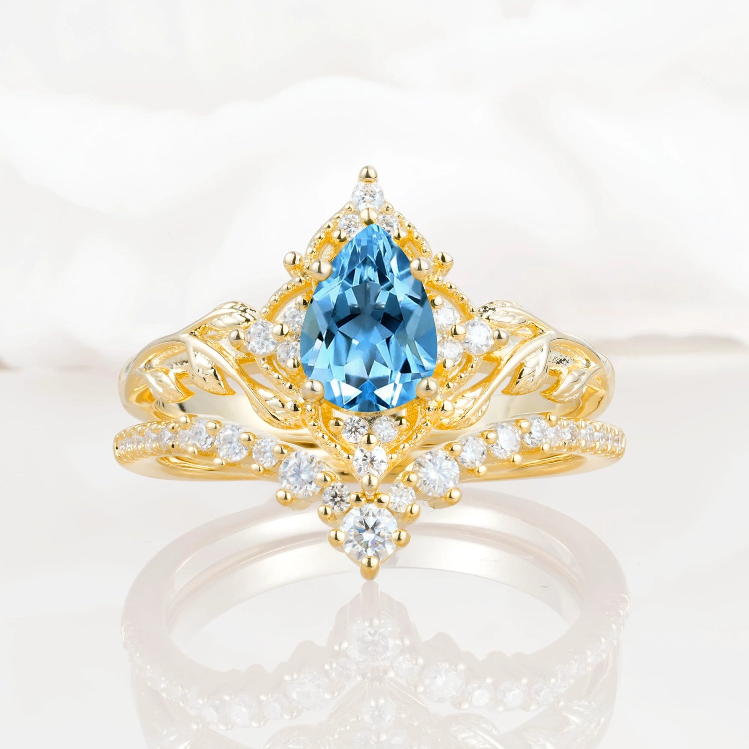 Nature Inspired  Pear Cut Aquamarine Bridal Ring Set